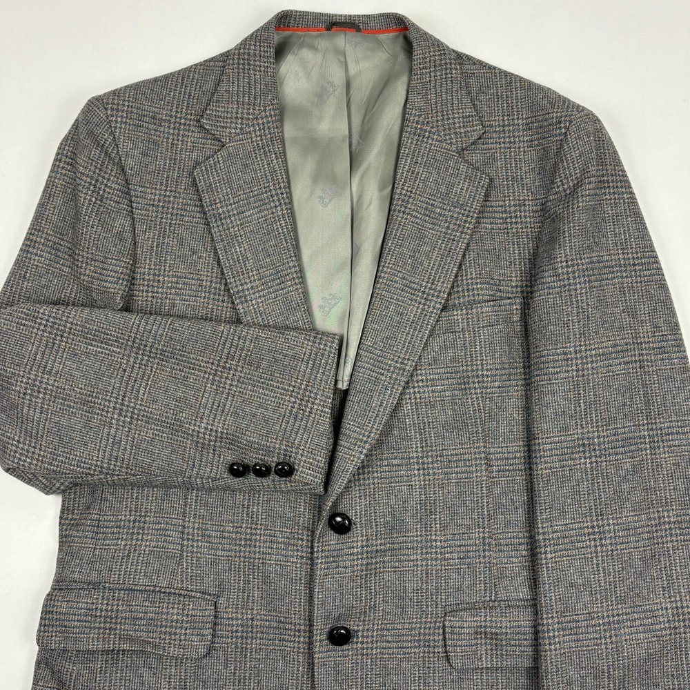 VTG Stafford Wool Tweed Glen Plaid Sport Coat 42R Gray/Rust w/Football Buttons